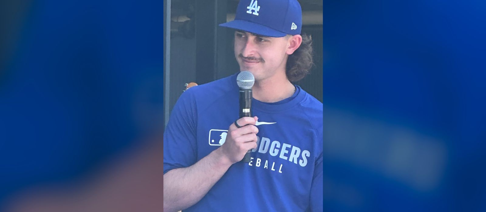 Justin Wrobleski being interviewed before a Los Angeles Dodgers game in 2025