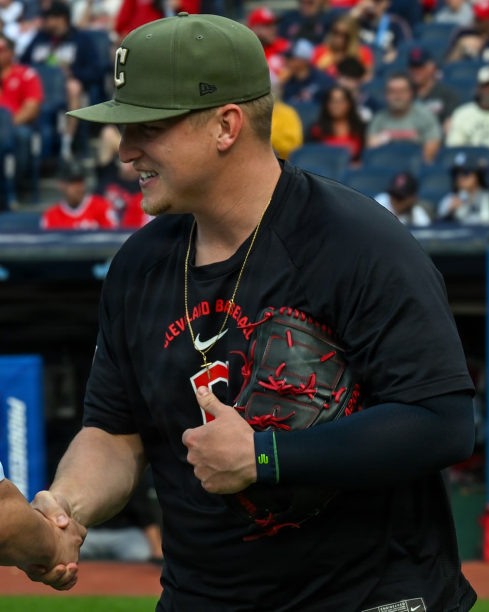 Parker Messick of the Cleveland Guardians at a 2026 Armed Forces Day ceremony.
