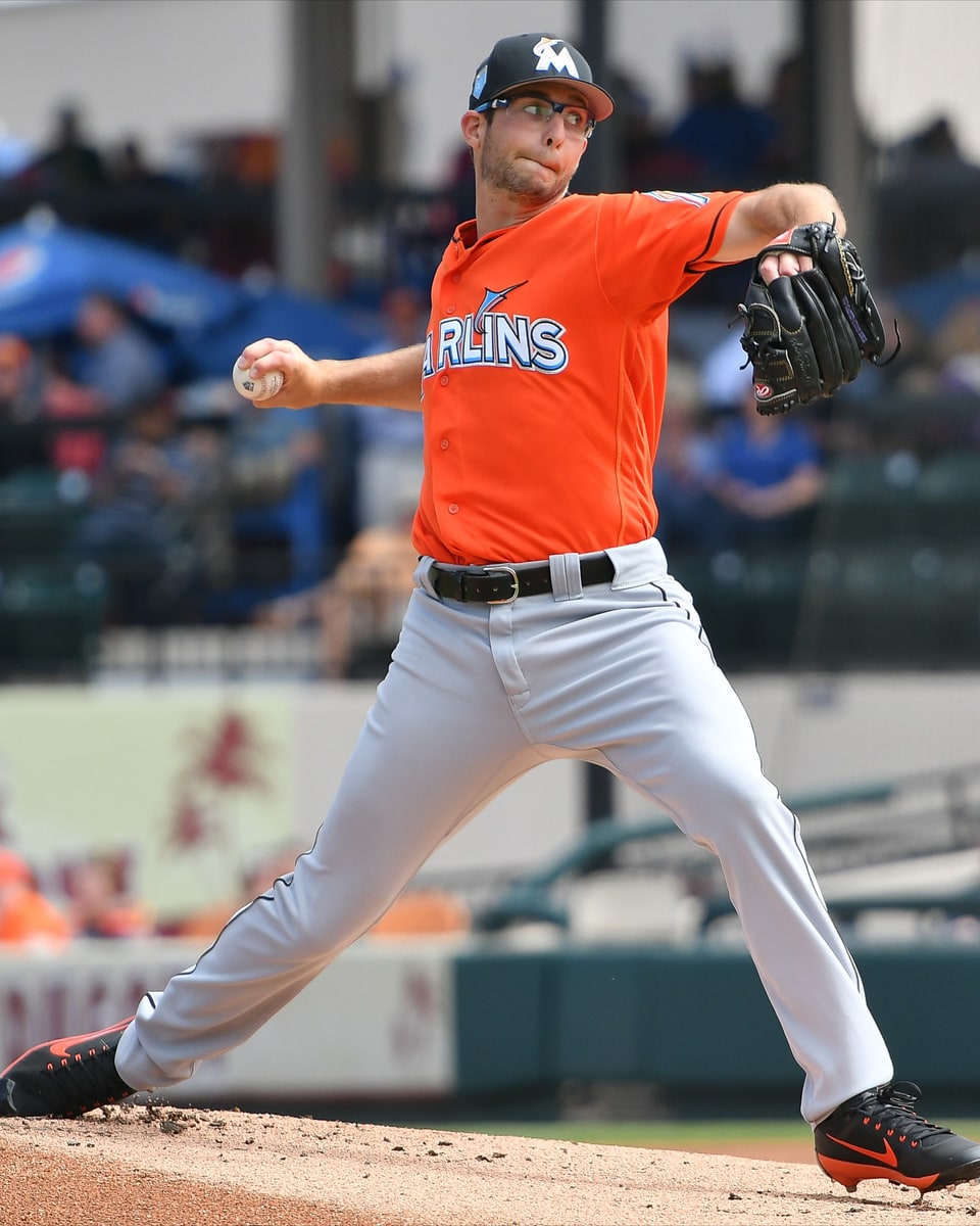 Zac Gallen pitching in Miami Marlins spring training in 2018.
